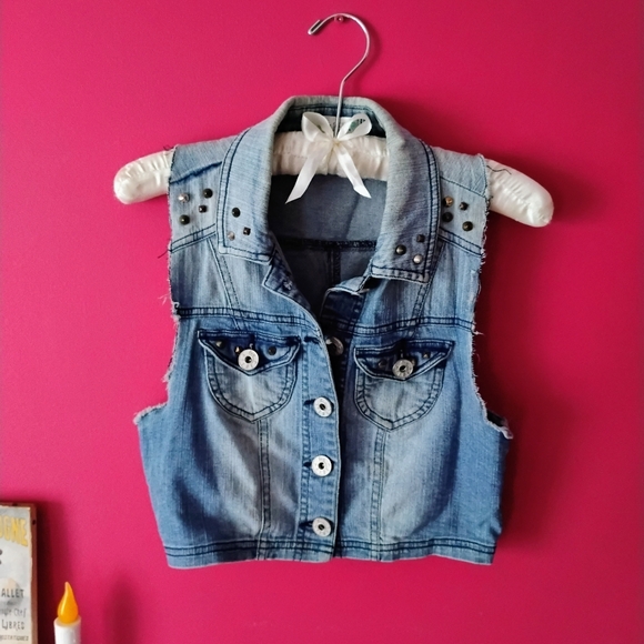 love, Fire Jackets & Blazers - Studded Denim Vest With Buttons & Faded Design • Size XS • Mint Condition